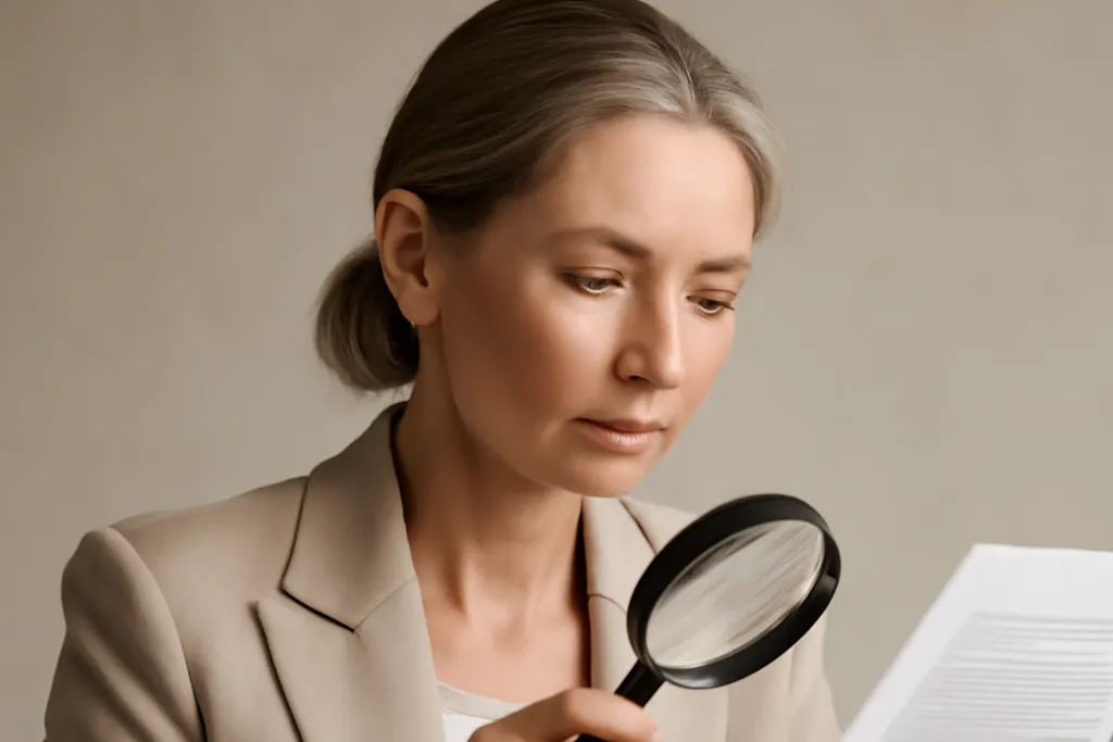 Femme lisant attentivement un contrat d'agence matrimoniale avec une loupe, vérification minutieuse des conditions