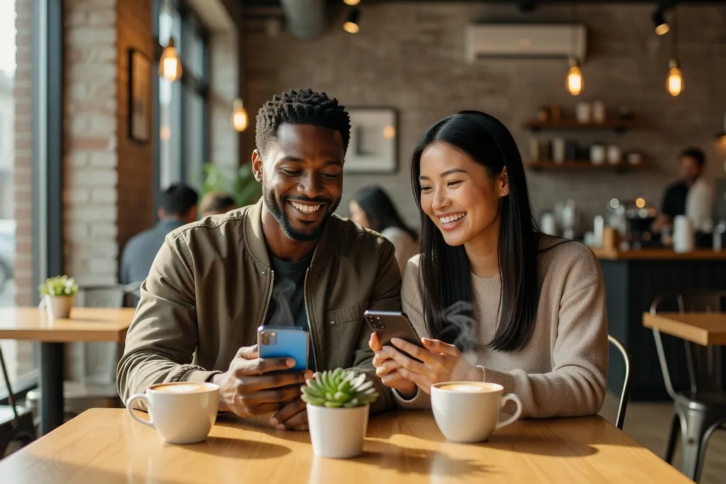 Couple mixte souriant en utilisant leurs smartphones côte à côte dans un café contemporain