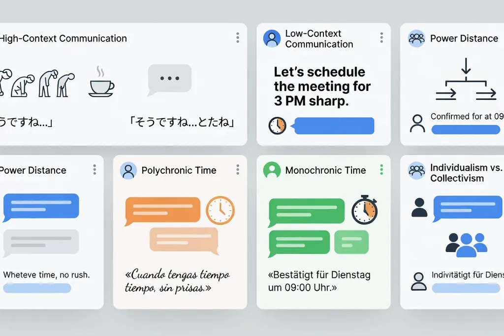 Interface de messagerie stylisée montrant différents codes de communication interculturels sur fond neutre