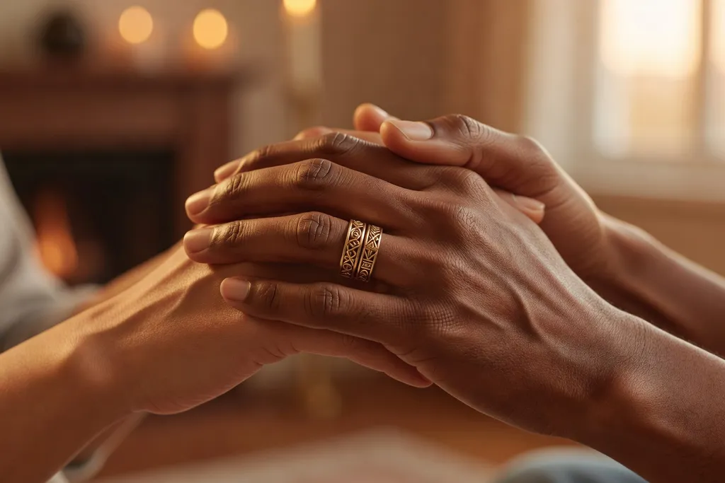 Deux mains entrelacées d'un couple franco-slave, symbole de confiance et de diversité culturelle