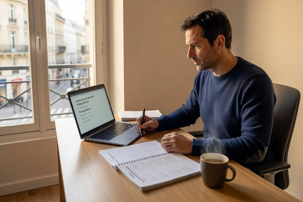 Homme français suivant un cours de polonais sur un ordinateur portable, cahier d'exercices ouvert à côté d'une tasse de café