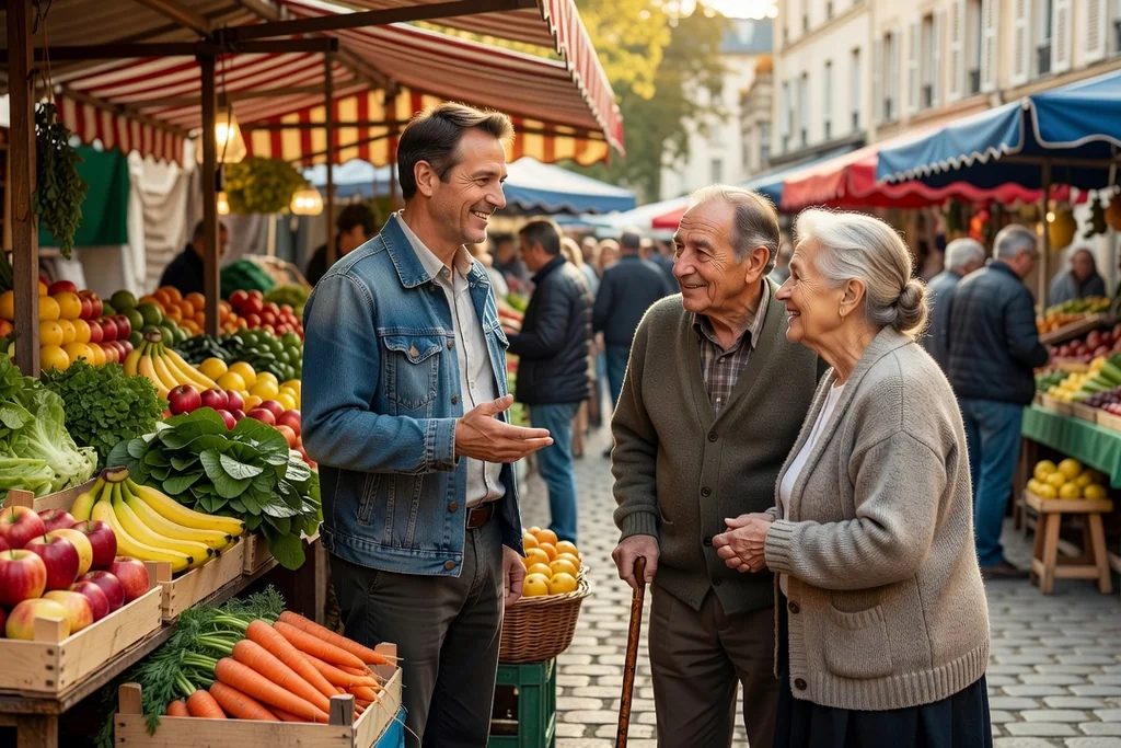 Homme français discutant avec des voisins polonais lors d'un marché de quartier en plein air, ambiance chaleureuse