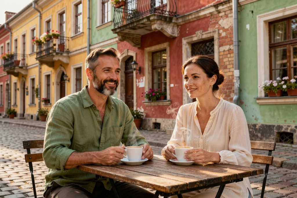 Couple franco-slave prenant un café en terrasse dans une vieille ville d'Europe de l'Est, cartons rangés, sourires détendus