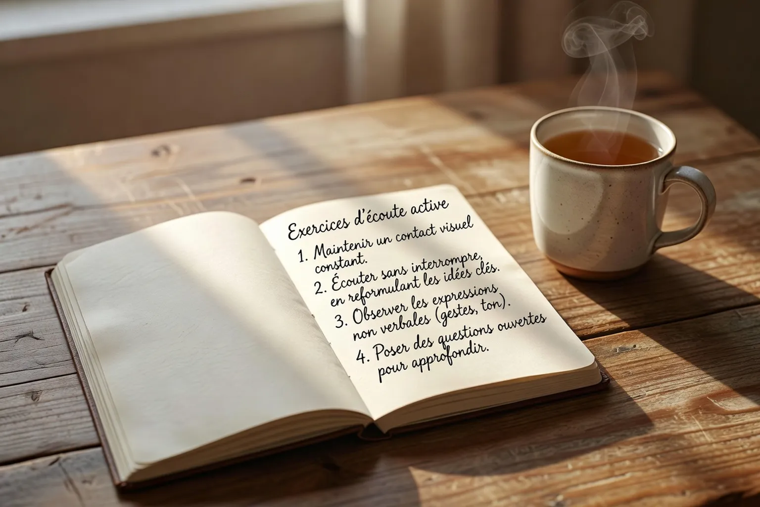 Carnet ouvert avec notes manuscrites françaises sur l'écoute active à côté d'une tasse de tisane sur table en bois clair