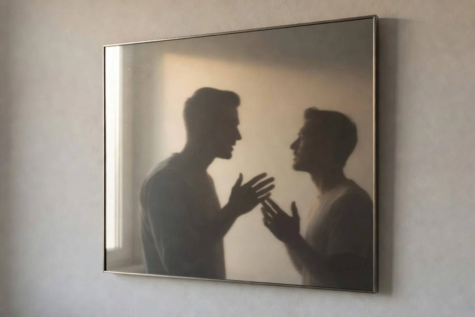 Couple franco-slave en silhouette face à un miroir mural symbolisant l'écoute miroir dans la communication