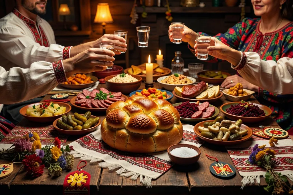 Table de fête slave avec zakouski, pain-sel traditionnel, verres levés, décoration slave chaleureuse