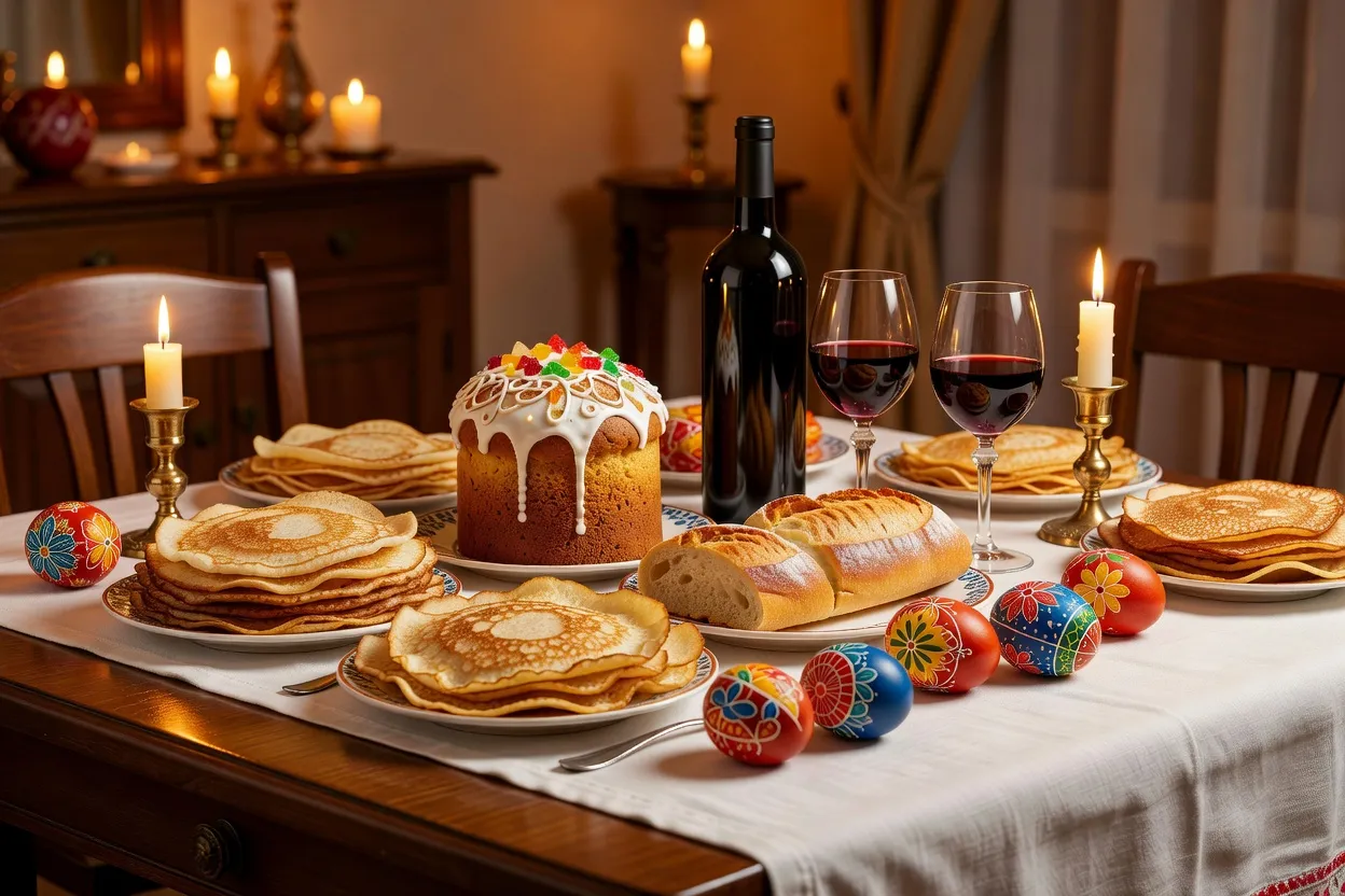 Table de fête franco-slave avec blinis, koulitch, vin et fromage français