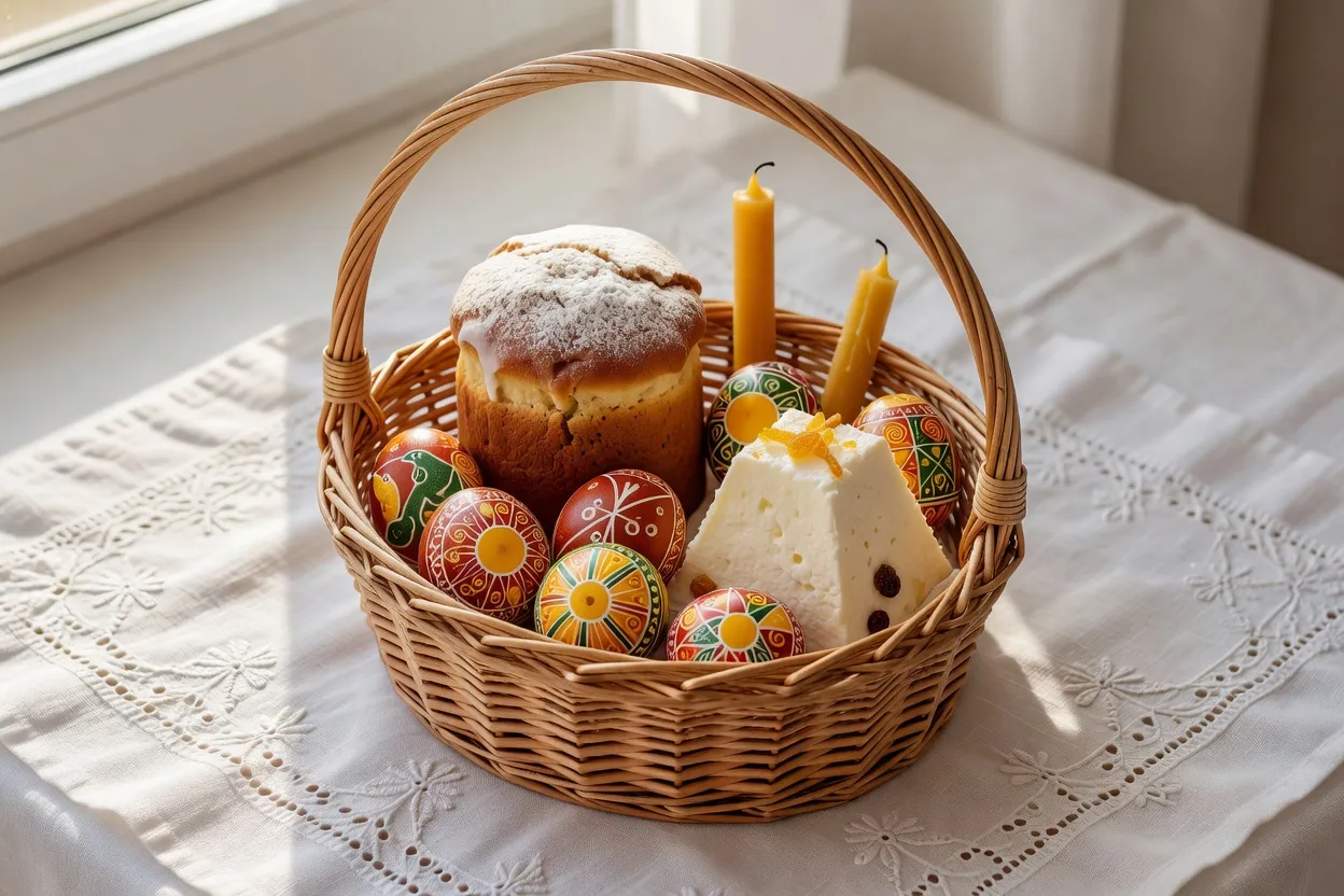 Panier de Pâques avec kulitch, œufs peints et paskha disposé sur une nappe brodée