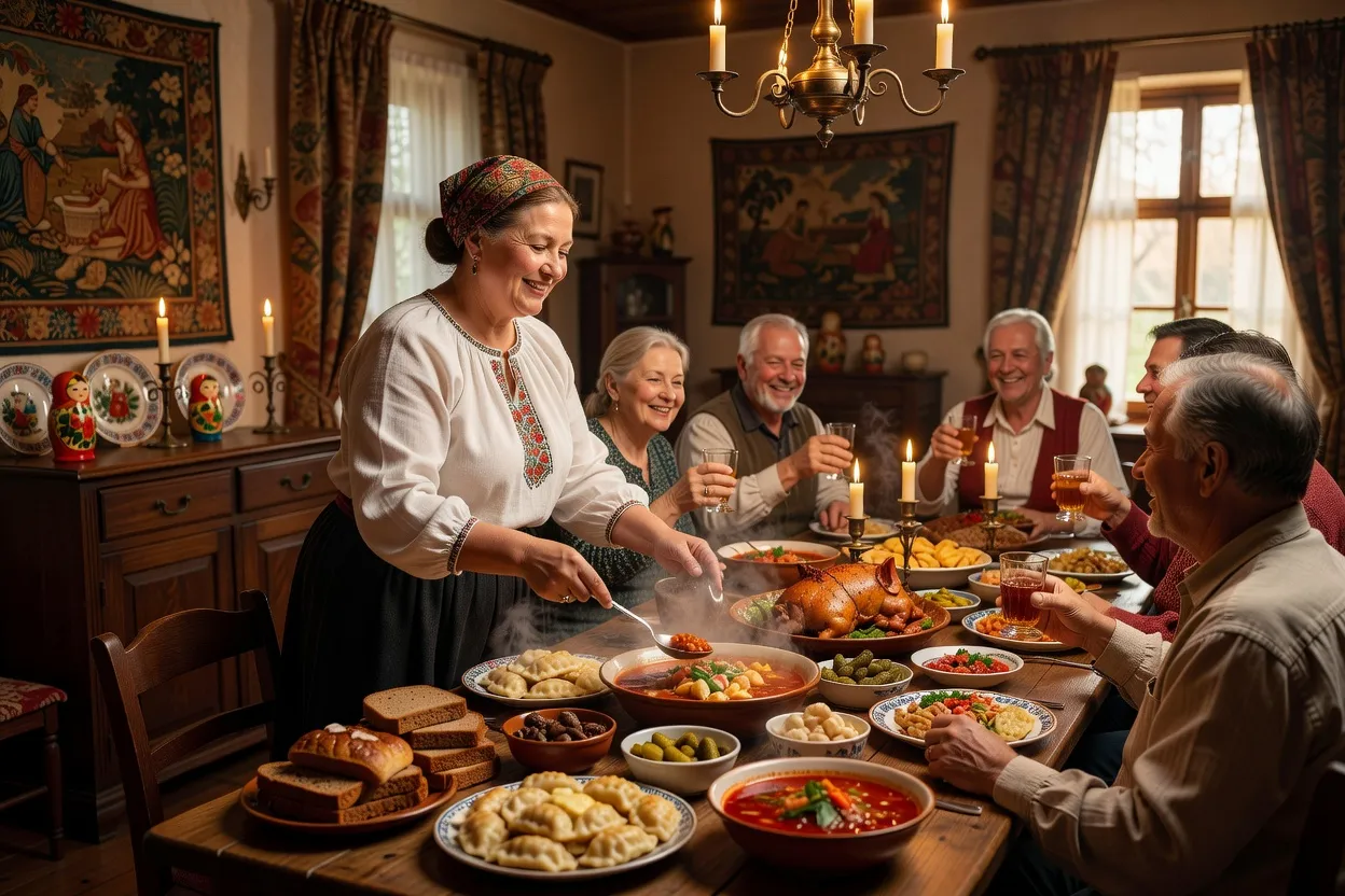 Hôtesse slave servant généreusement un plat chaud à un couple franco-slave autour d'une table de fête