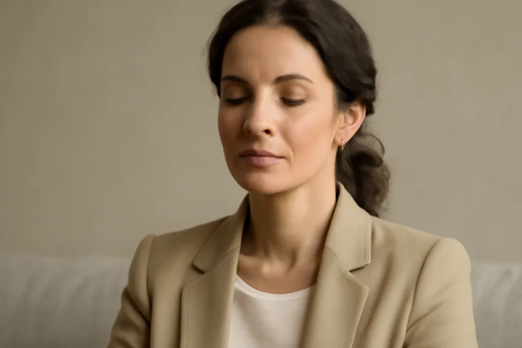Femme assise seule prenant une pause de 20 minutes pour se calmer avant de reprendre une conversation difficile avec son partenaire