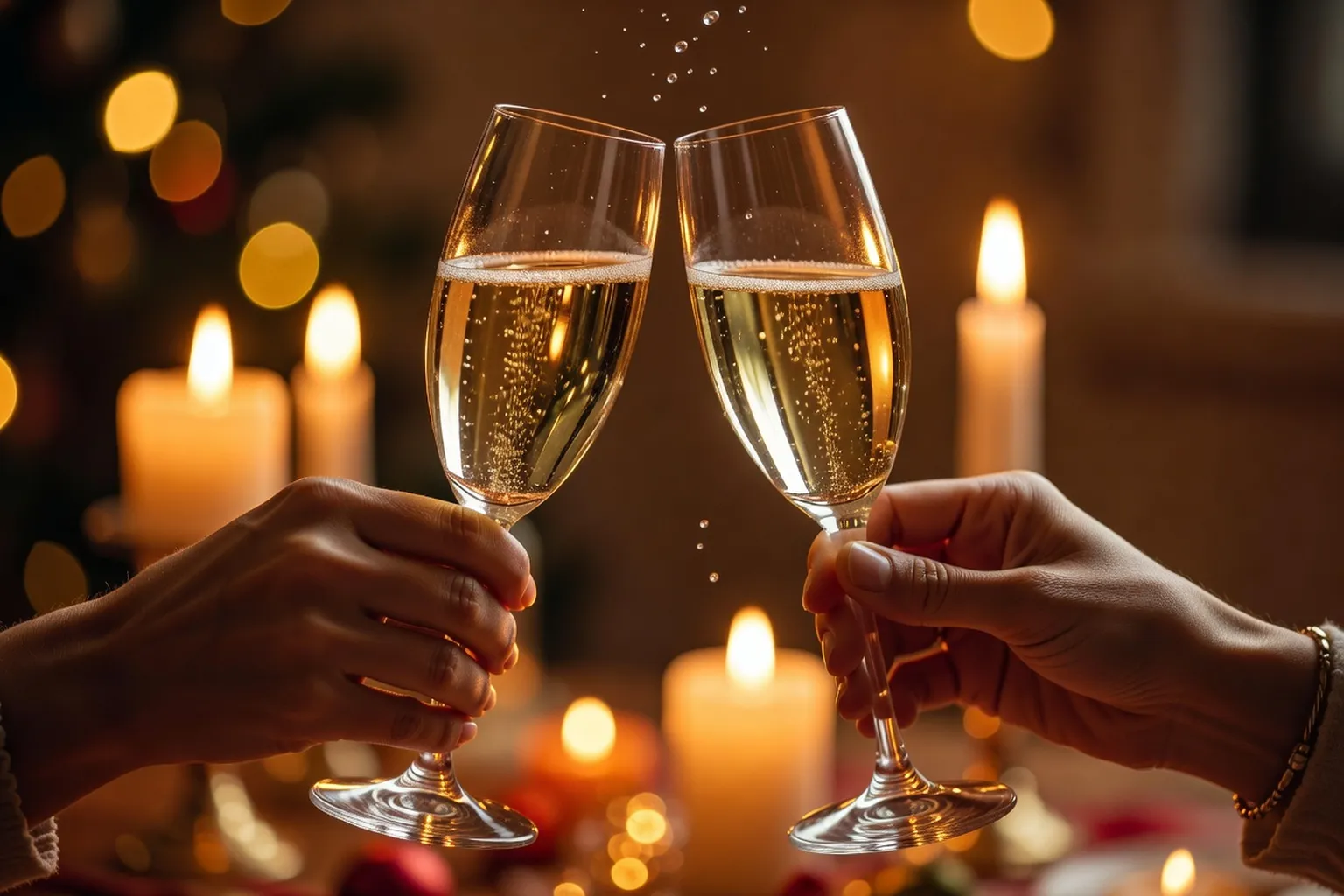 Mains qui trinquent avec verres de vin et de vodka lors d'un repas franco-slave, bougies en arriere-plan