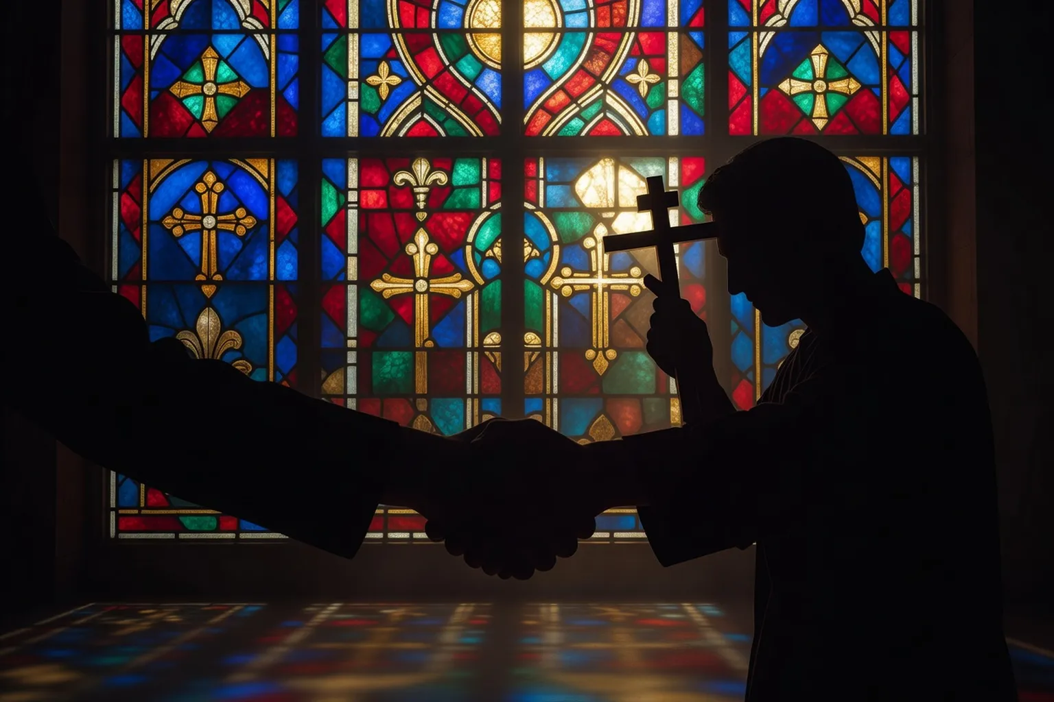 Silhouette d'une poignee de main francaise et d'un signe de croix orthodoxe contre un vitrail