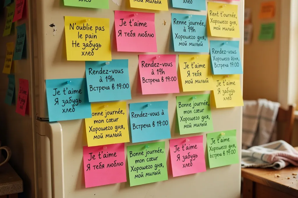 Post-its bilingues français-russe colorés sur un frigo d'appartement, ambiance couple du quotidien