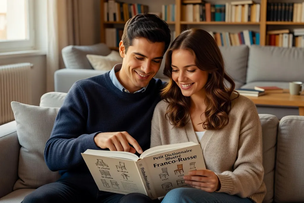 Couple franco-russe étudiant ensemble un petit dictionnaire illustré, sourires complices, canapé moderne