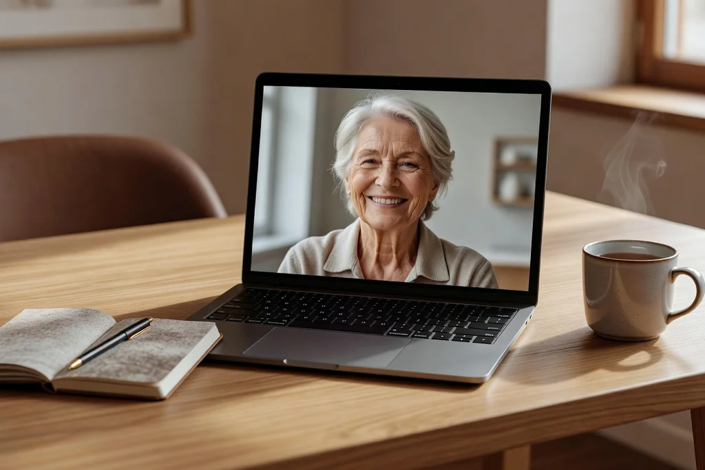 Table de salon avec ordinateur portable ouvert sur un appel vidéo avec une femme âgée, carnet de notes et tasse de thé à côté