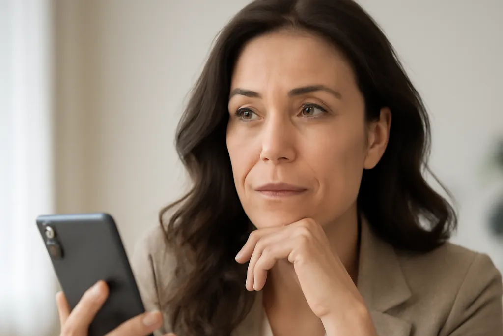Femme regardant son téléphone avec une expression d'incertitude en attendant une réponse de son nouveau partenaire