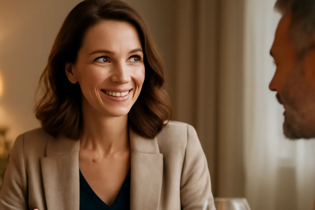 Femme souriante partageant un repas chaleureux en famille avec son nouveau partenaire, ambiance conviviale