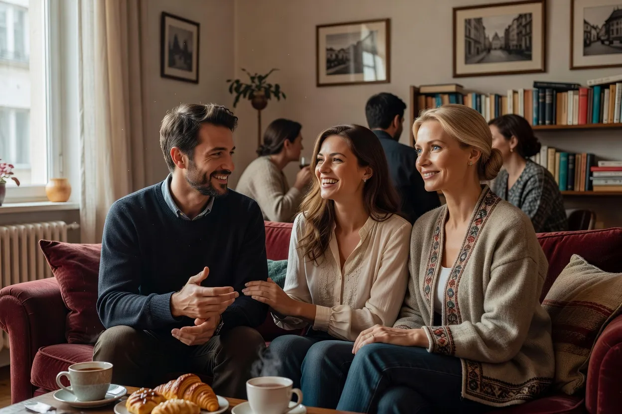 Deux amis français discutant avec un couple interculturel dans un salon chaleureux