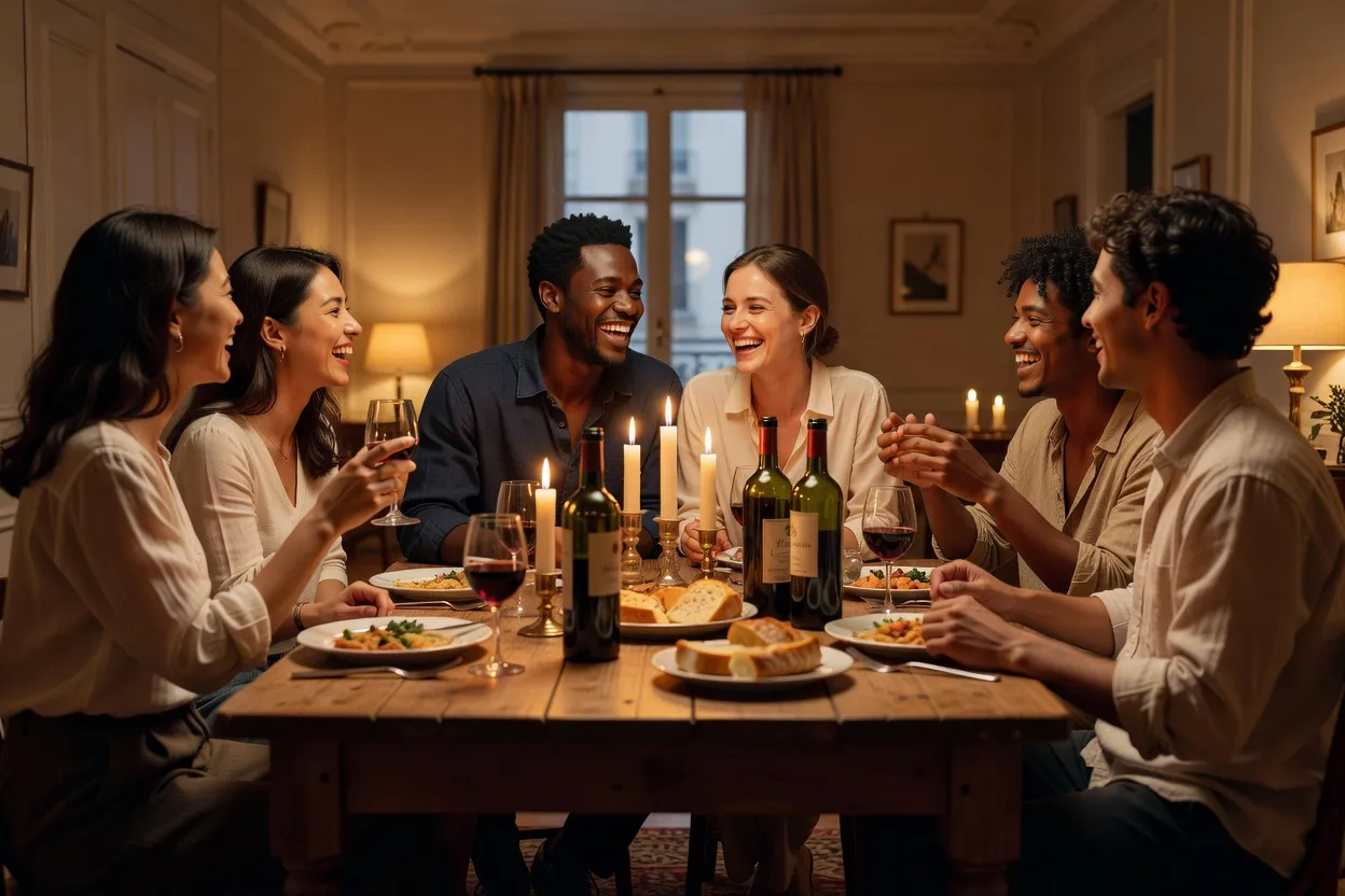 Couple franco-slave riant avec des amis autour d'une table, ambiance détendue et chaleureuse
