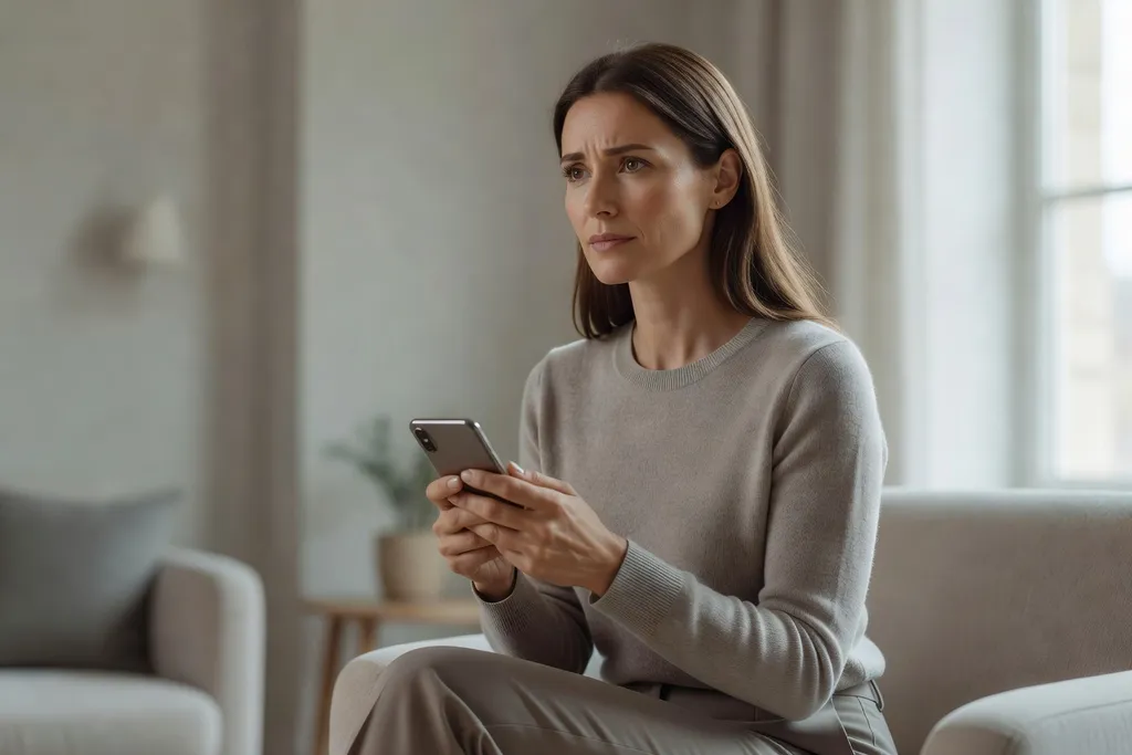 Femme regardant son téléphone avec une expression pensive avant d'envoyer un message de réconciliation à son partenaire à distance