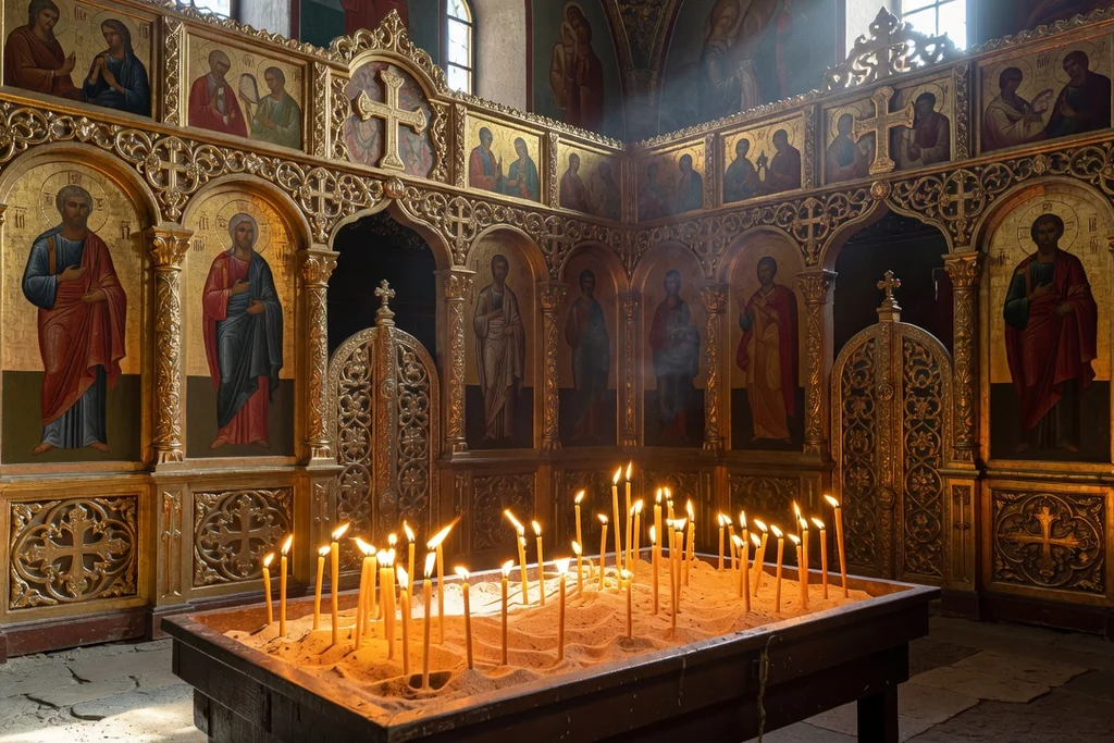 Intérieur d'une église orthodoxe avec iconostase dorée et dizaines de bougies allumées dans une lumière douce