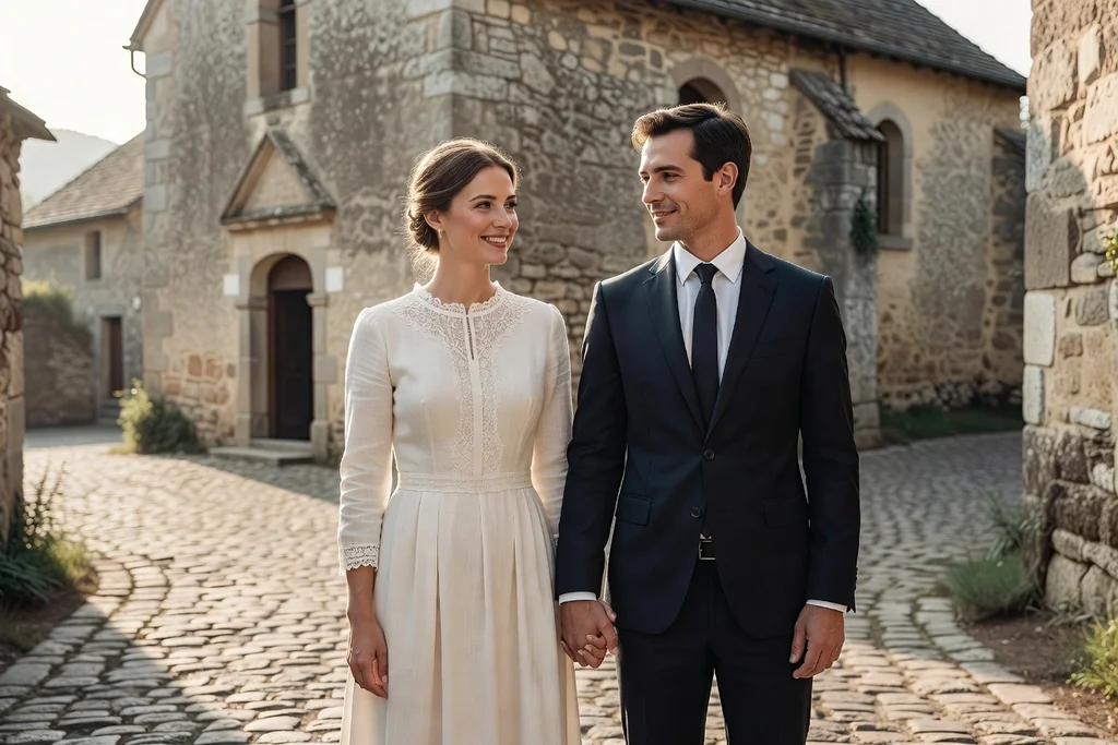 Jeune couple franco-slave devant une église de village après une cérémonie de mariage, se tenant la main dans une lumière douce