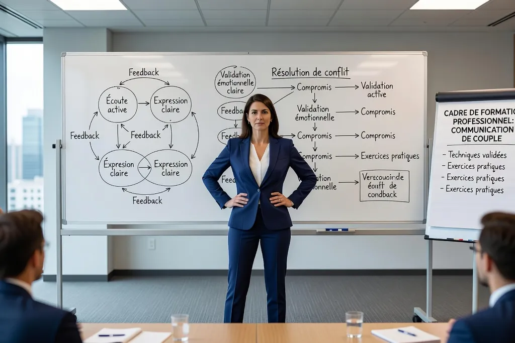 Sophie Valentin coach devant un tableau blanc avec schémas de communication pour couples interculturels