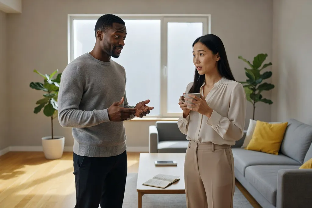 Couple mixte en situation de malentendu bienveillant, expression de surprise douce, appartement moderne