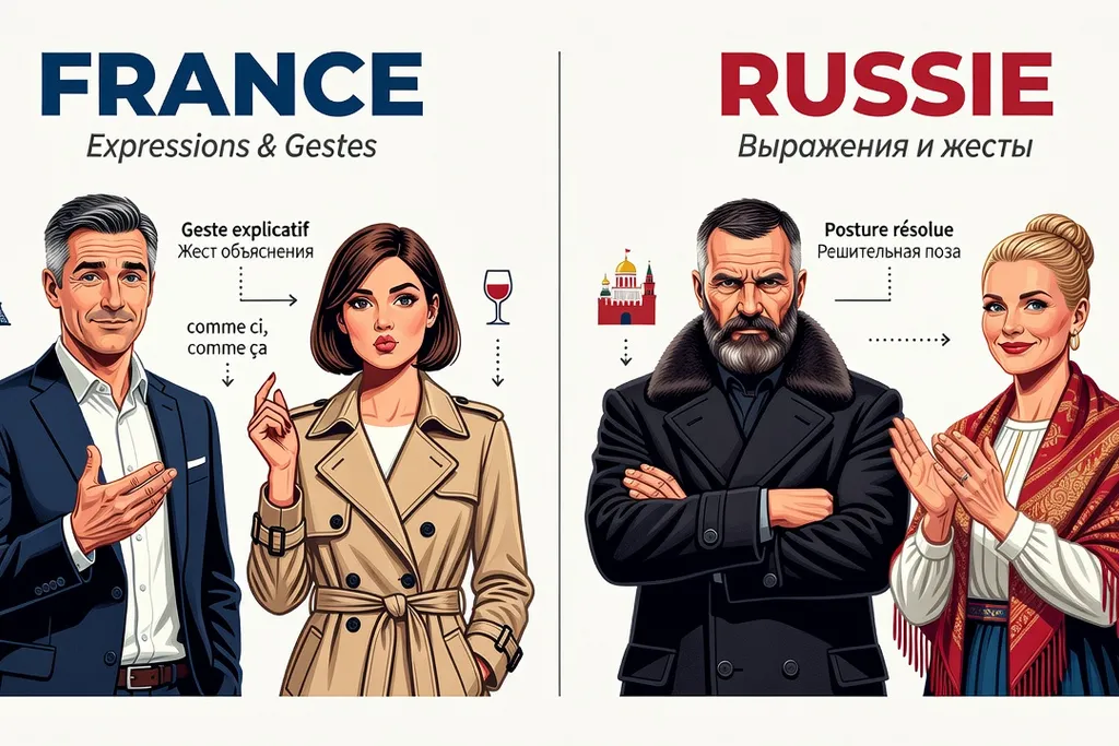 Tableau comparatif visuel France vs Russie avec expressions et gestes, style éditorial infographique