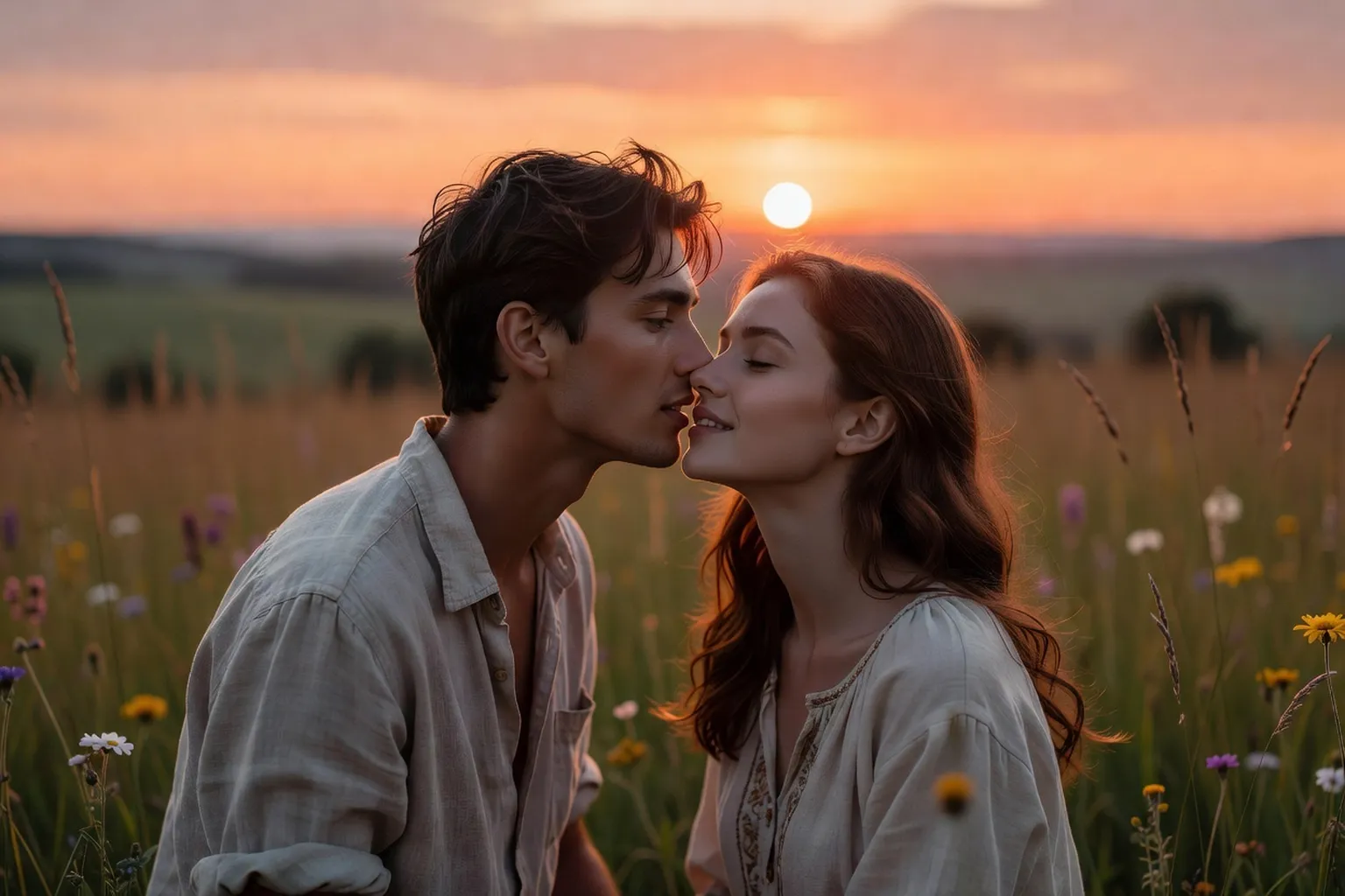 Couple slave échangeant un mot tendre dans une prairie au coucher du soleil, intimité chaleureuse