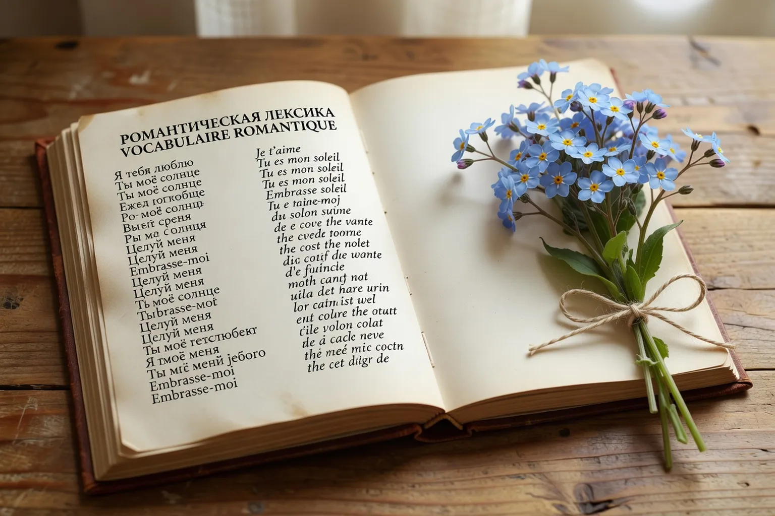 Phrasebook bilingue russe-français ouvert sur une page de vocabulaire affectif avec myosotis bleus
