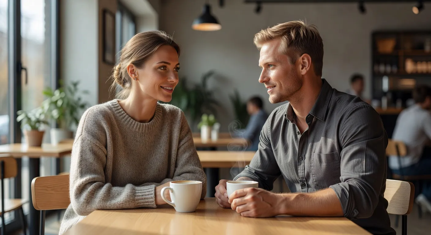 Couple mixte dialoguant avec bienveillance, illustrant la mission d'Ecoutez-Voir