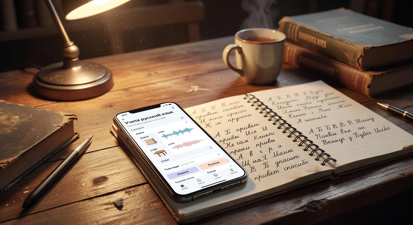 Homme étudiant l'alphabet cyrillique sur une tablette avec des notes manuscrites
