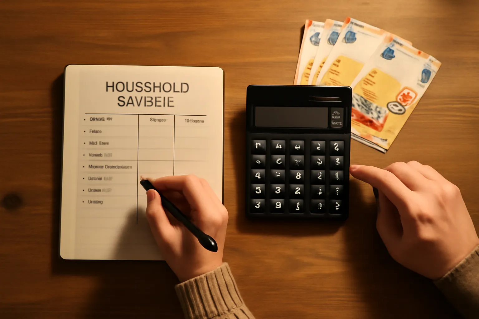 Carnet de budget commun et billets en euros organisés sur une table en bois