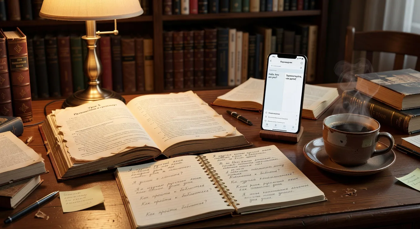 Manuel de russe et cahier d'exercices en cyrillique sur un bureau