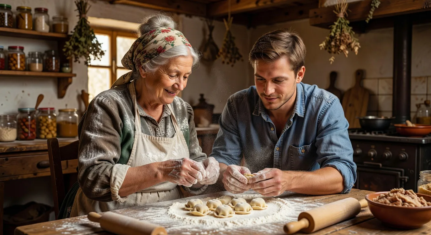 Famille slave reunie autour d'une table abondamment garnie pour un repas de fete