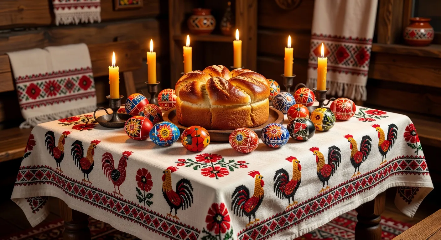 Table festive slave avec oeufs decores, pain et nappes brodees