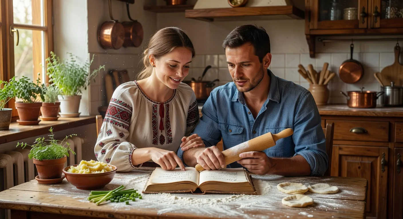 Couple interculturel cuisinant ensemble une recette slave traditionnelle