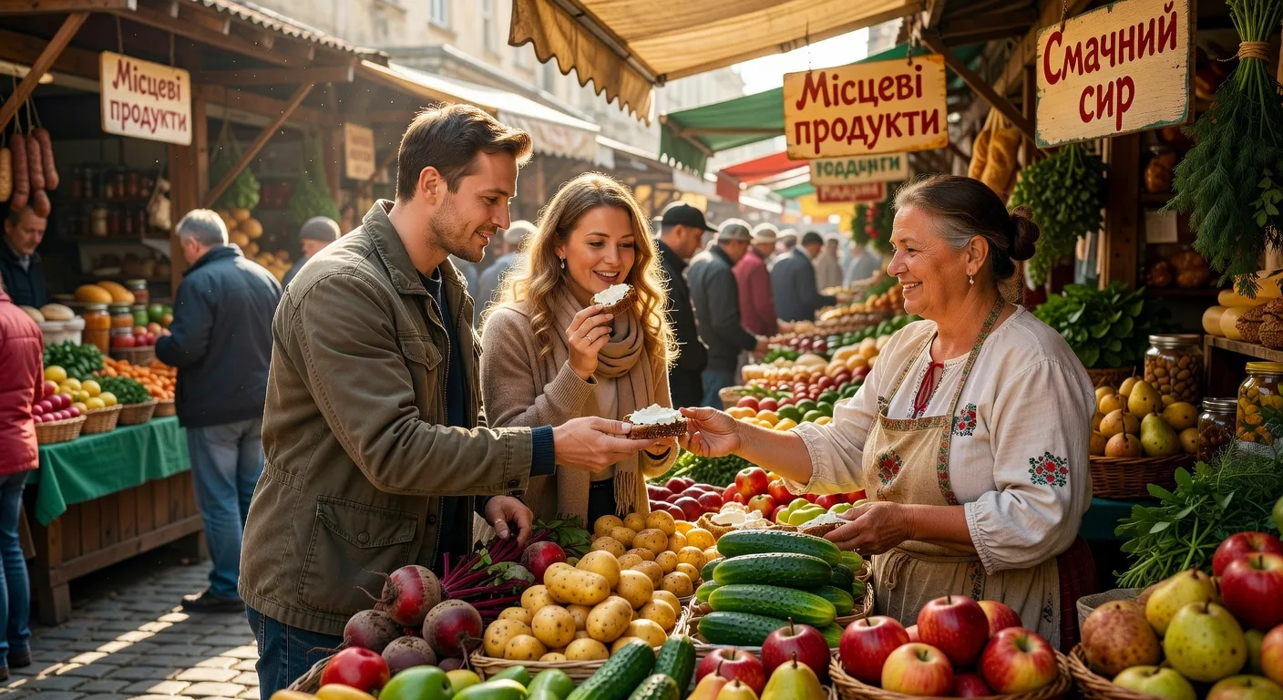 Couple degustant des produits locaux dans un marche d'Europe de l'Est