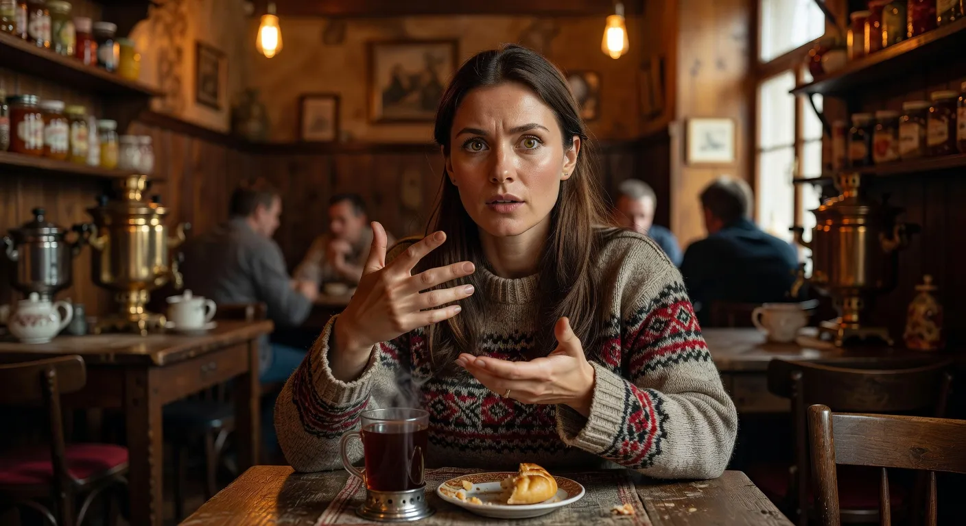 Couple franco-russe partageant un moment de complicité dans un café parisien