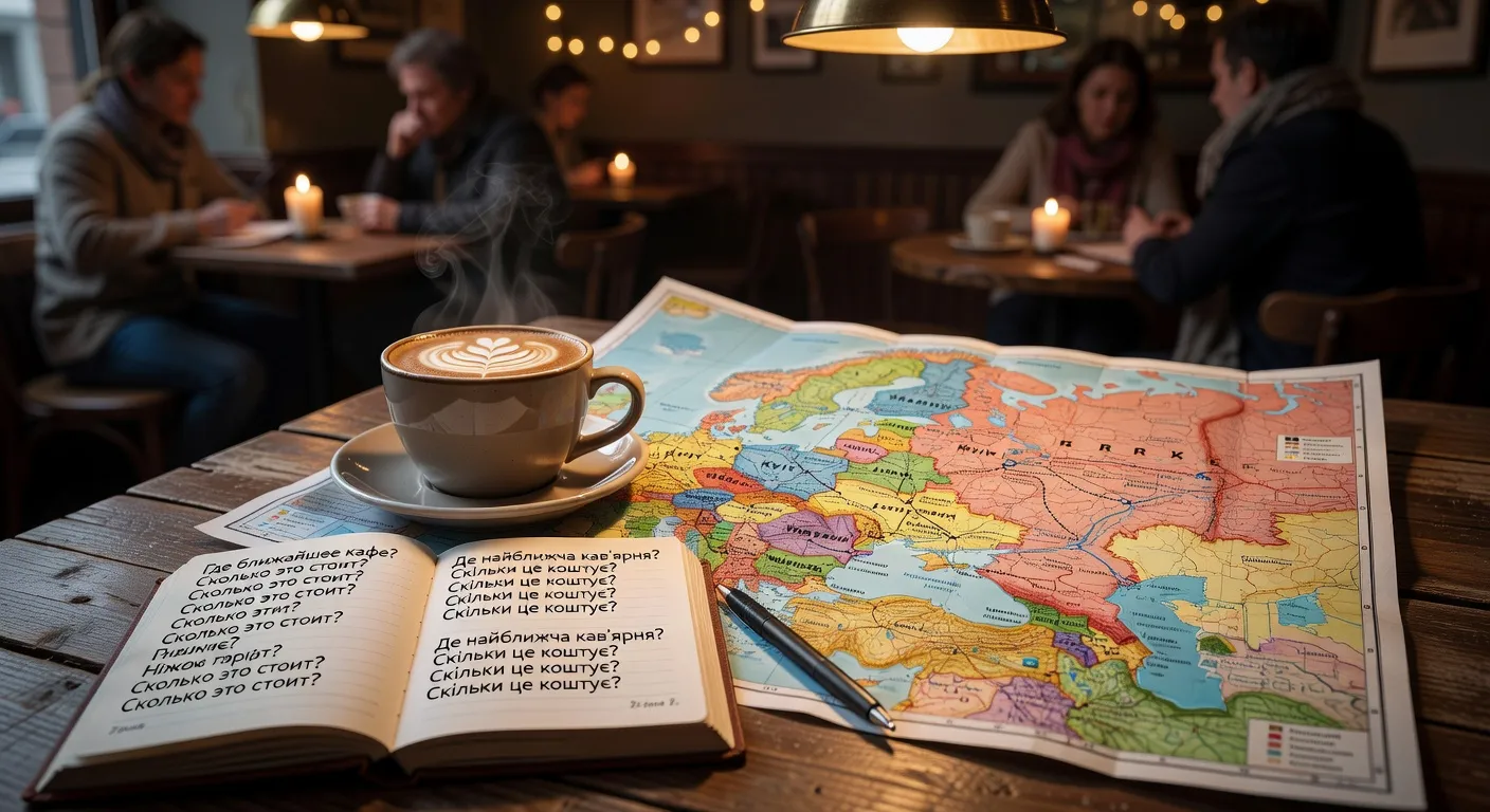 Voyageur francophone lisant un panneau en cyrillique dans une gare d'Europe de l'Est