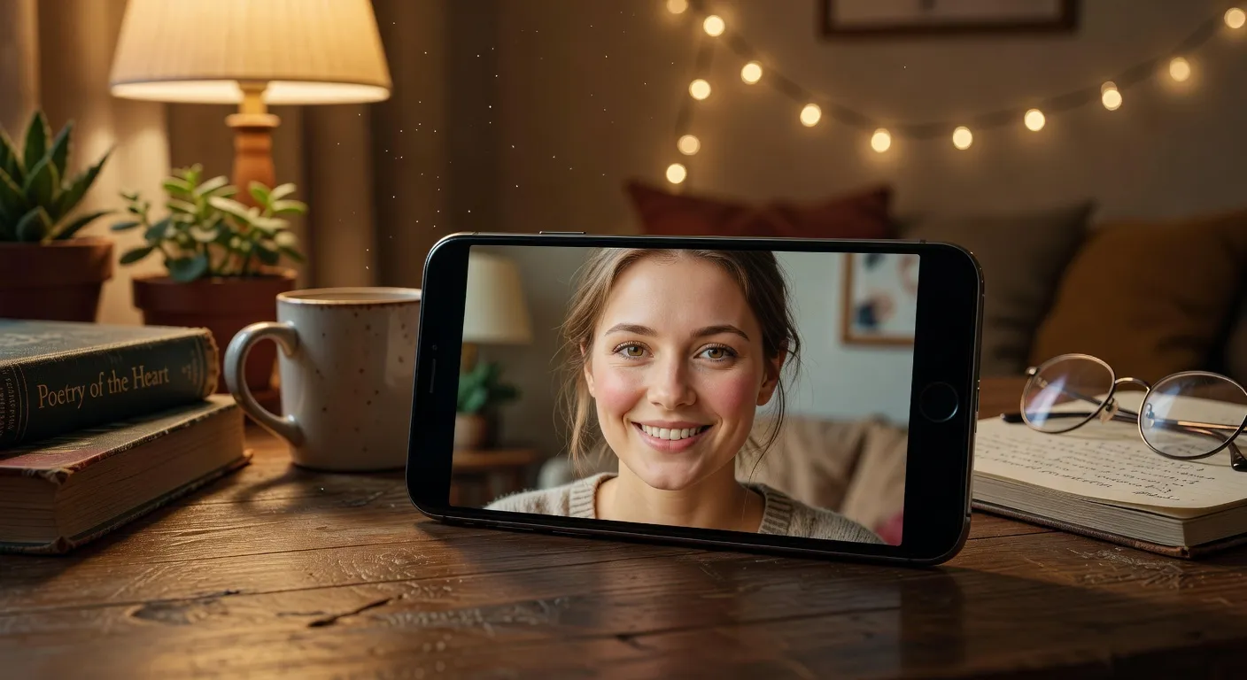 Smartphone affichant un appel video avec une femme slave souriante