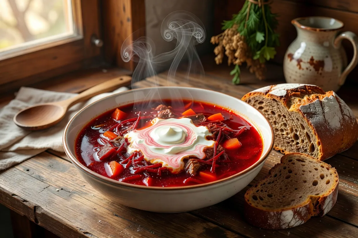 Bol fumant de bortsch garni de crème fraîche, accompagné de pain frais sur une table rustique