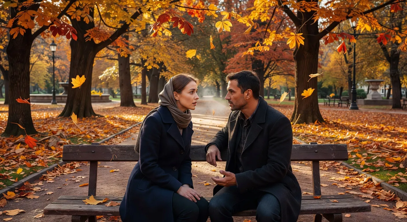Couple assis face a face sur un banc de parc en automne, dialogue attentif