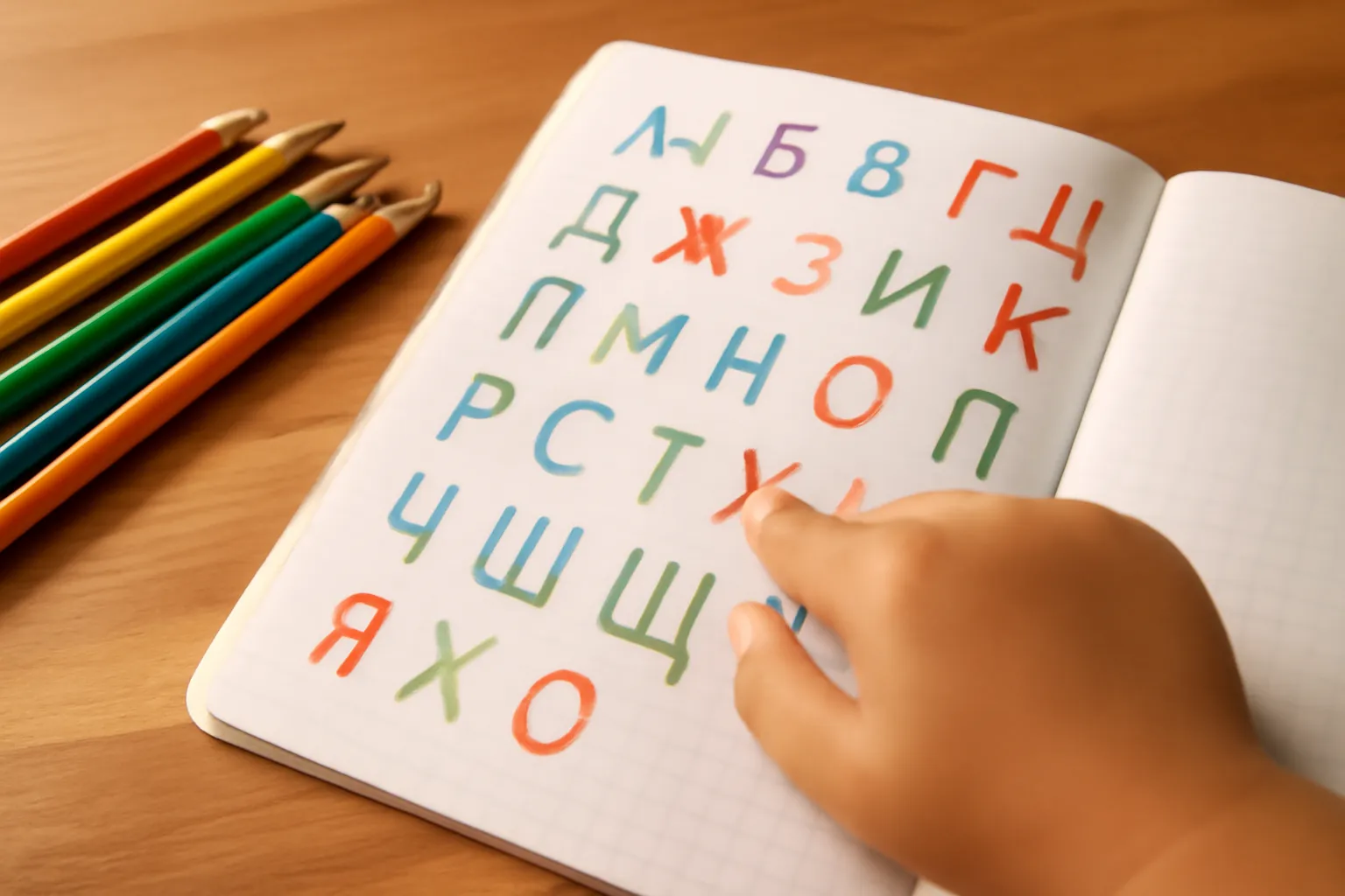 Main d'enfant traçant des lettres de l'alphabet cyrillique dans un cahier coloré