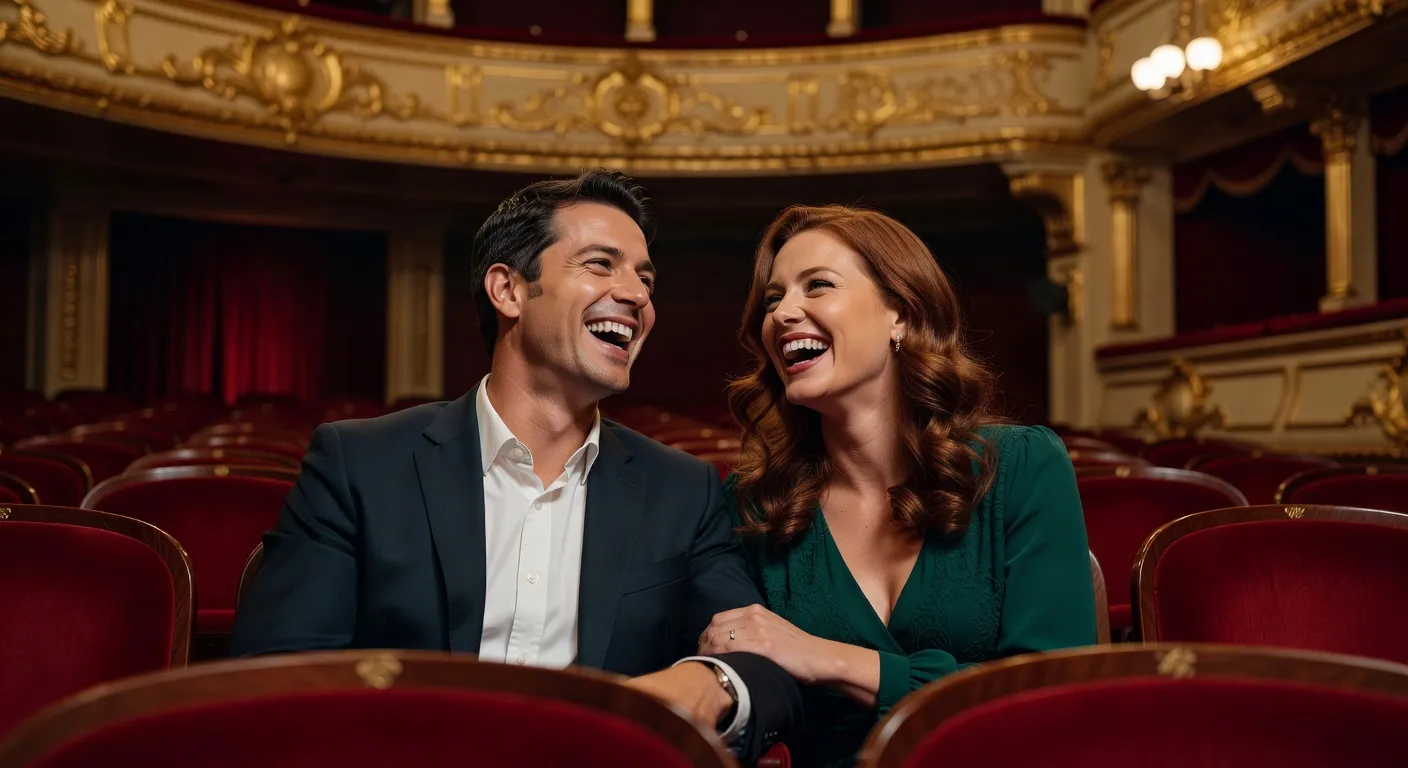 Couple riant ensemble dans un cafe parisien lors d'un rendez-vous