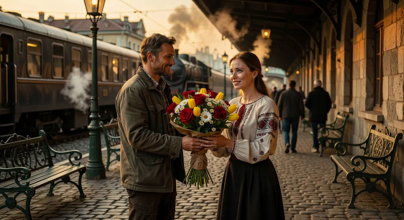 Homme offrant un bouquet de fleurs a une femme slave dans une gare