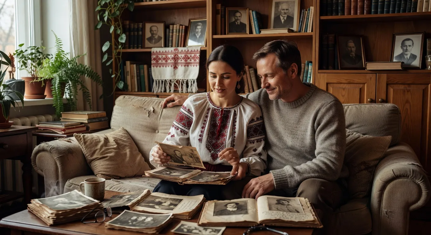 Réunion familiale chaleureuse autour d'une table ukrainienne traditionnelle garnie