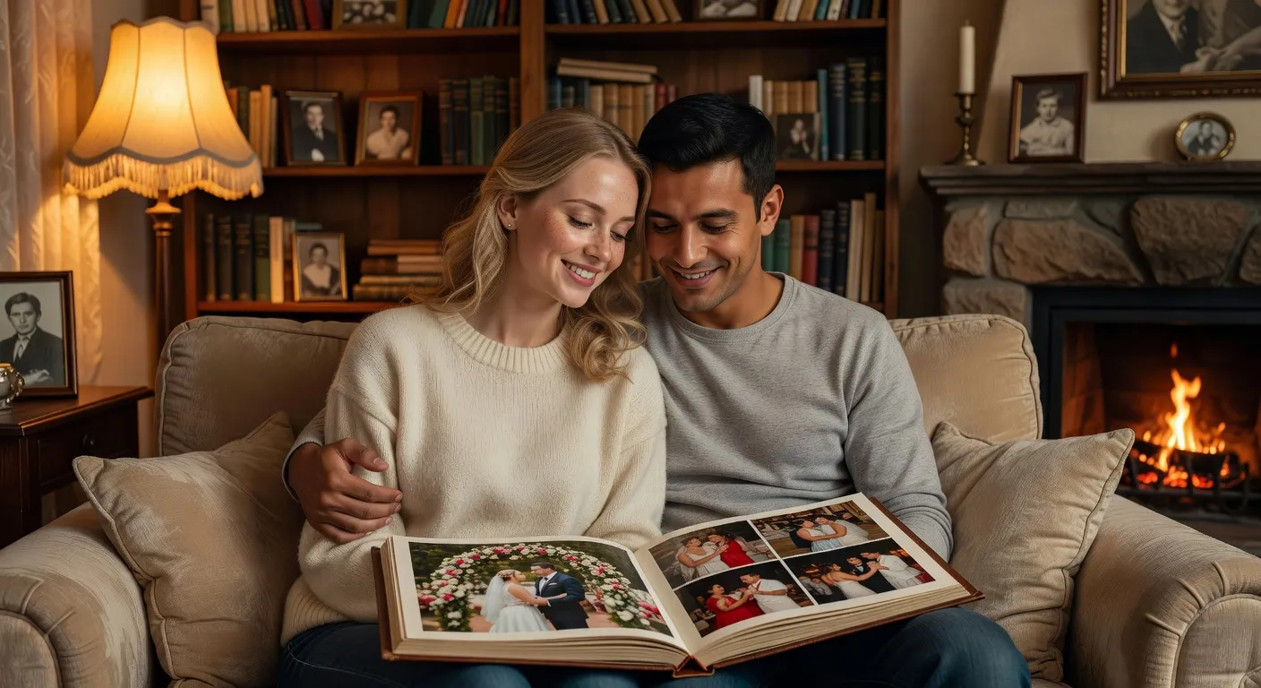 Couple en conversation video a distance sur un ordinateur portable dans un salon chaleureux