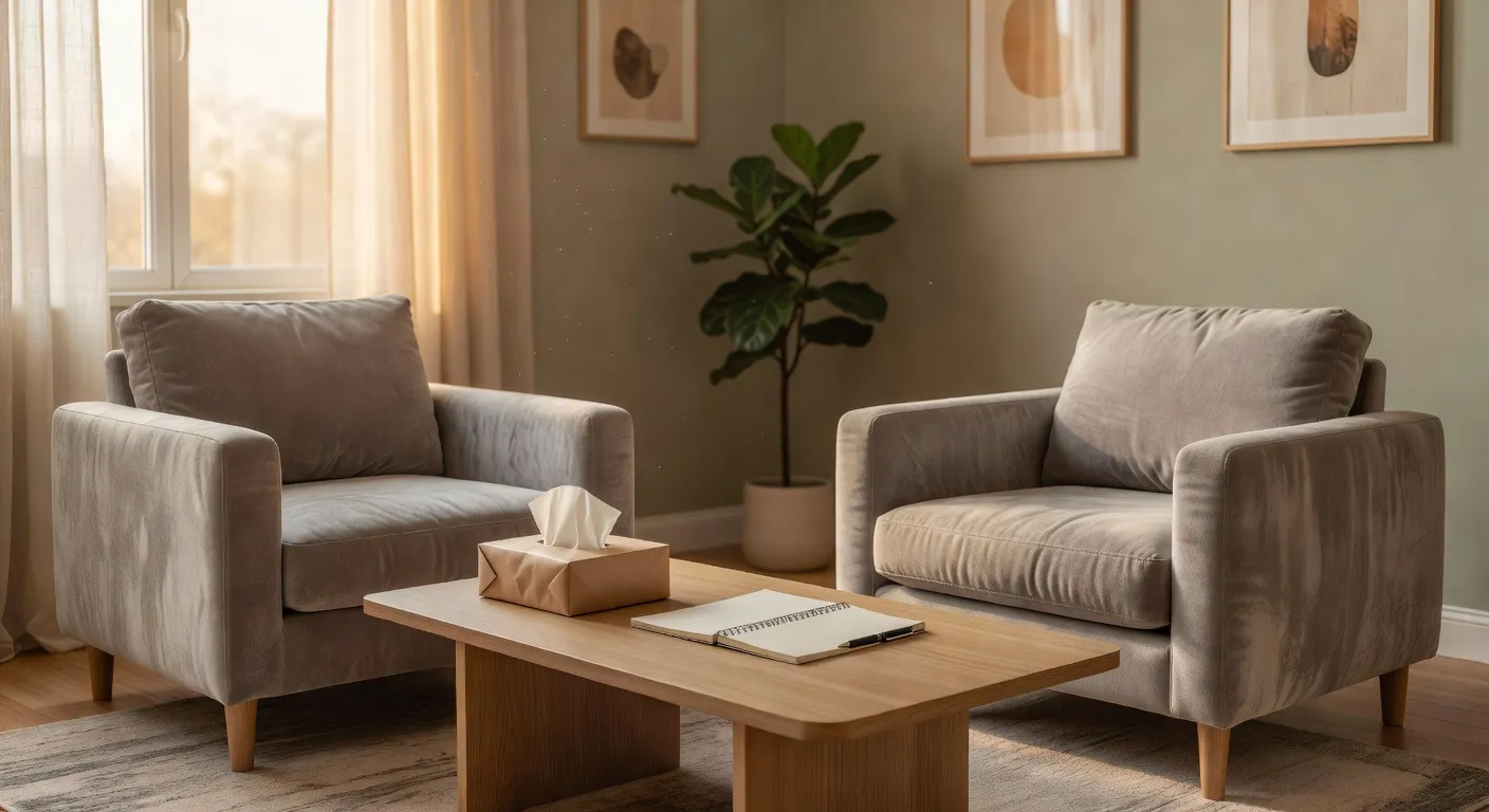 Cabinet de therapeute accueillant avec deux fauteuils face a face